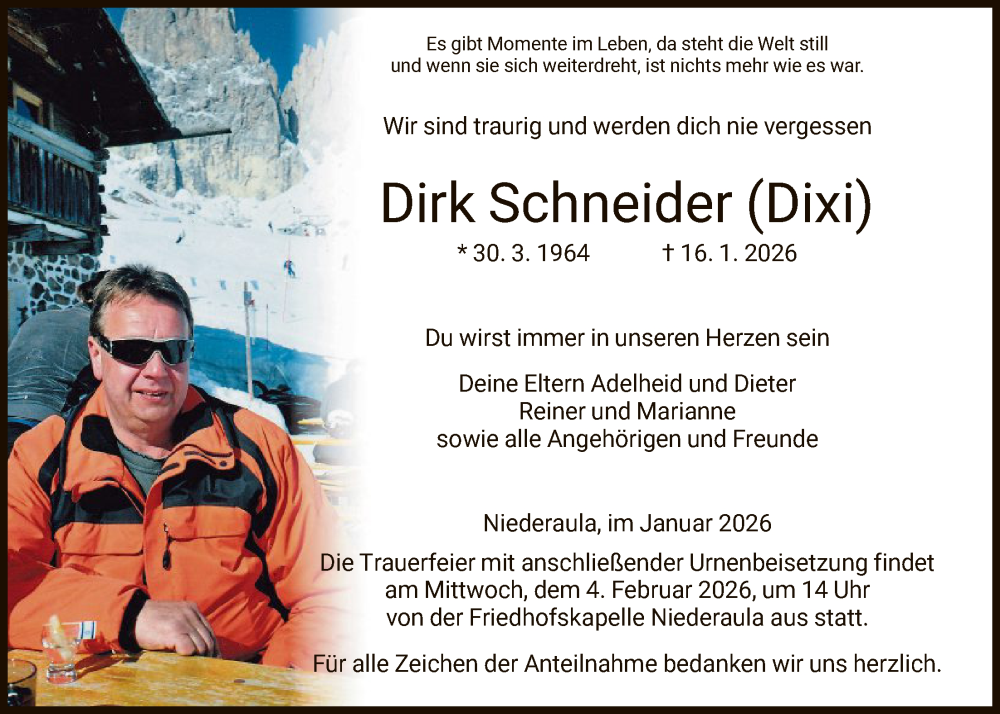  Traueranzeige für Dirk Schneider vom 24.01.2026 aus HZ