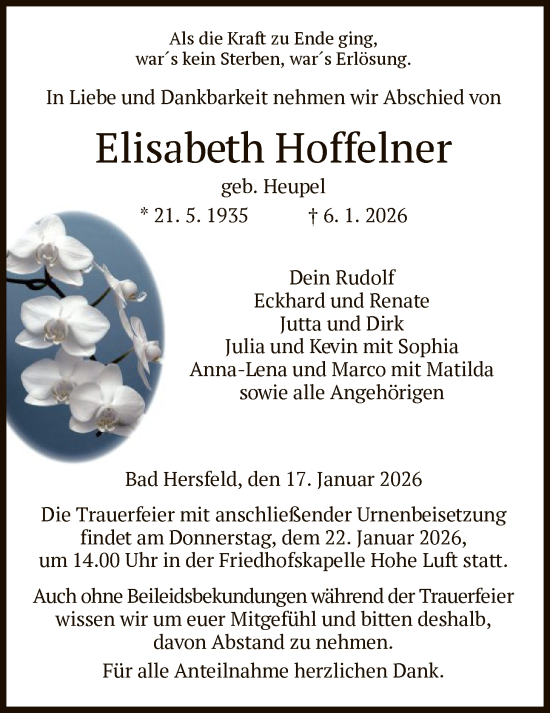 Traueranzeige von Elisabeth Hoffelner von HZ