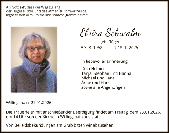 Traueranzeige von Elvira Schwalm von HZ