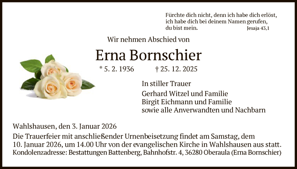  Traueranzeige für Erna Bornschier vom 03.01.2026 aus HZ