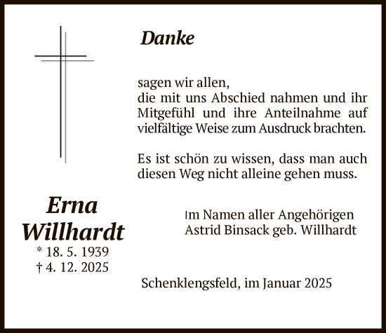Traueranzeige von Erna Willhardt von HZ