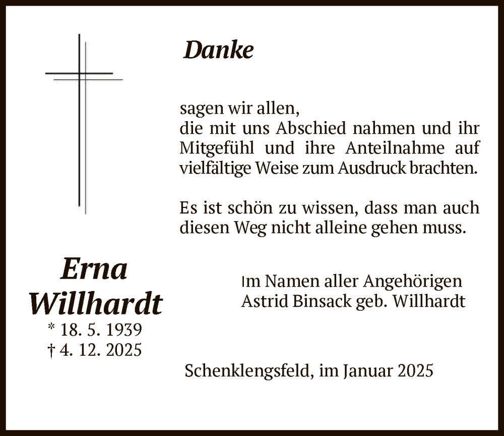  Traueranzeige für Erna Willhardt vom 10.01.2026 aus HZ