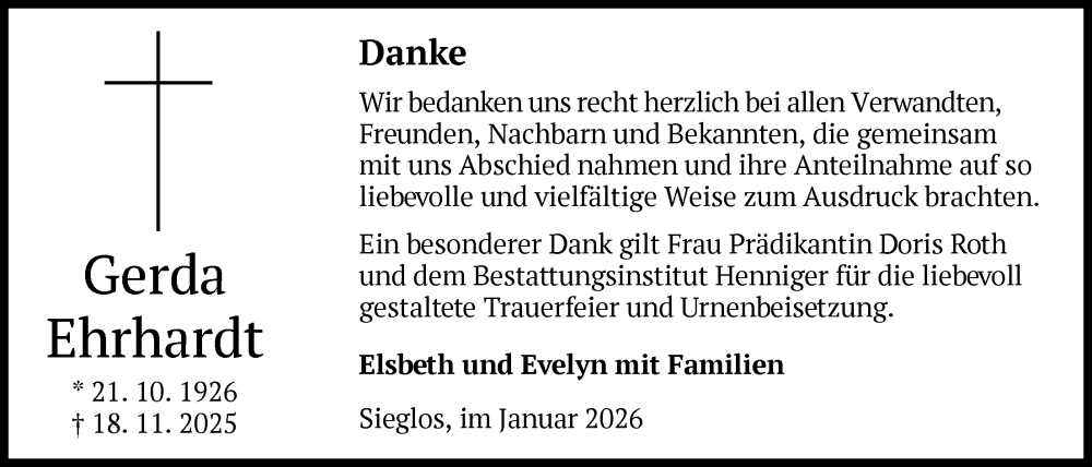  Traueranzeige für Gerda Ehrhardt vom 03.01.2026 aus HZ