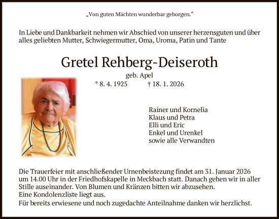 Traueranzeige von Gretel Rehberg-Deiseroth von HZHN
