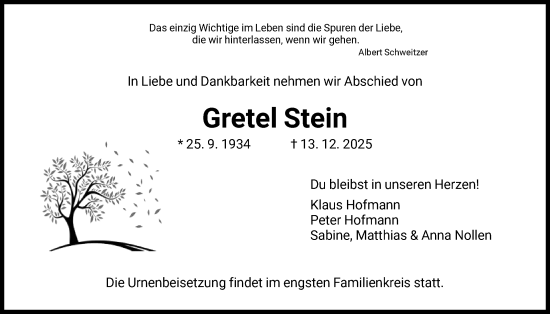 Traueranzeige von Gretel Stein von HZ