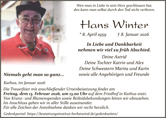 Traueranzeige von Hans Winter von HZ