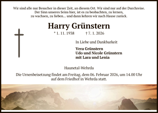 Traueranzeige von Harry Grünstern von HZHNFU