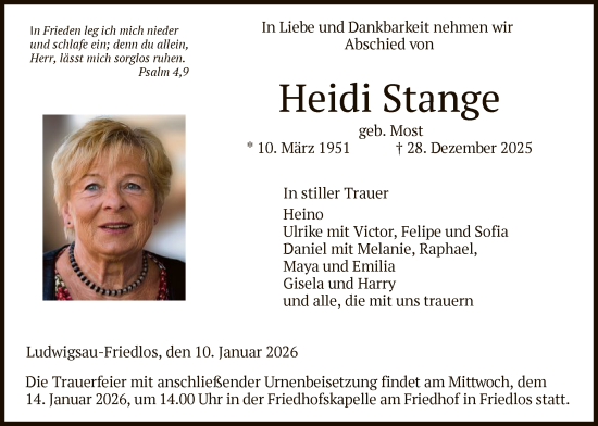 Traueranzeige von Heidi Stange von HZHN
