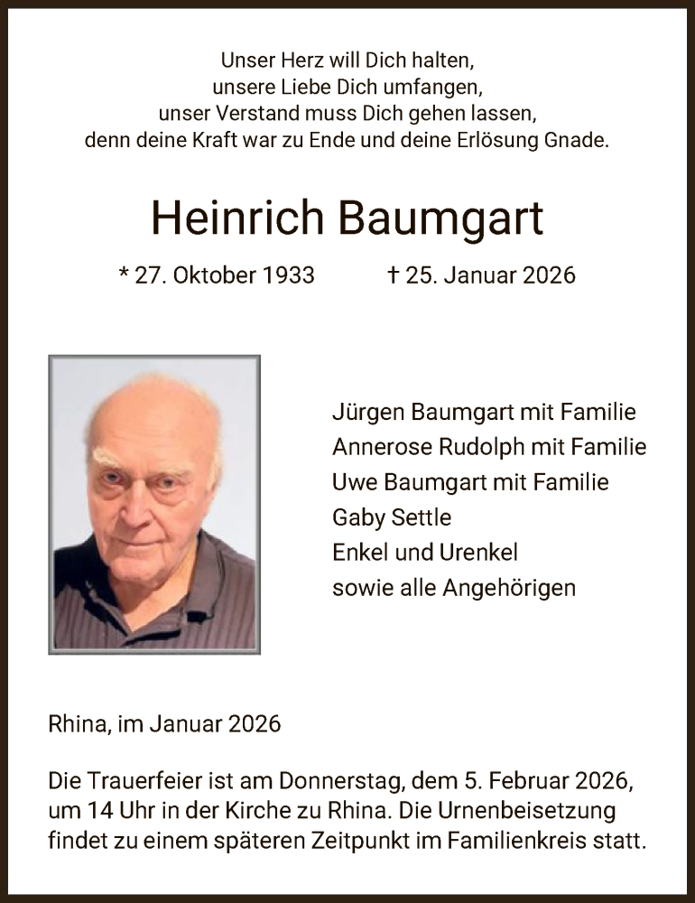  Traueranzeige für Heinrich Baumgart vom 31.01.2026 aus HZHN