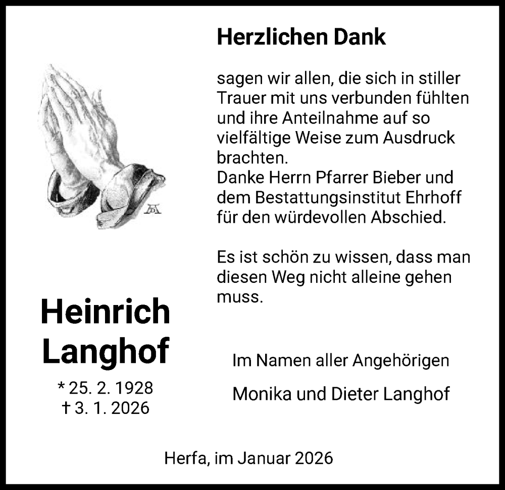  Traueranzeige für Heinrich Langhof vom 24.01.2026 aus HZ