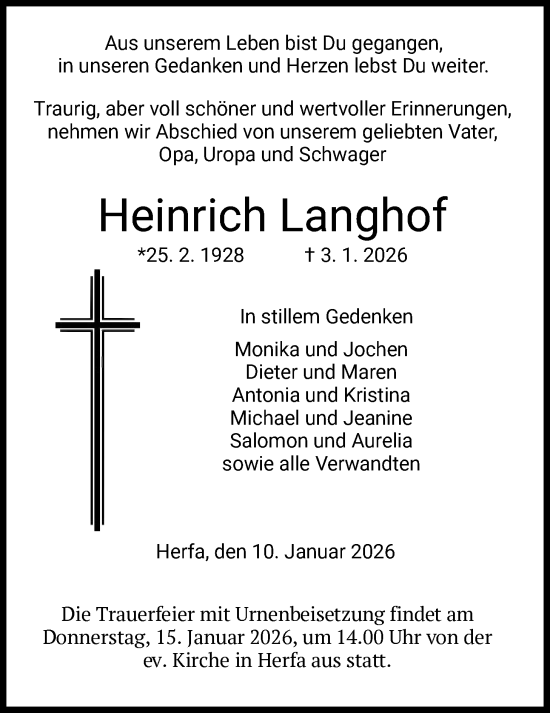 Traueranzeige von Heinrich Langhof von HZ