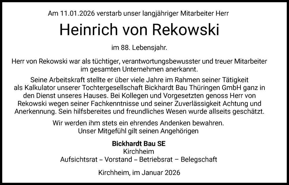  Traueranzeige für Heinrich von Rekowski vom 17.01.2026 aus HZ