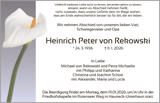 Traueranzeige von Heinrich Peter von Rekowski von HZ
