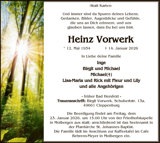 Traueranzeige von Heinz Vorwerk von HZ