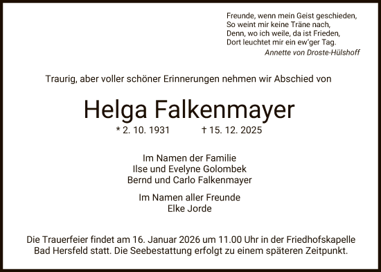 Traueranzeige von Helga Falkenmayer von HZ