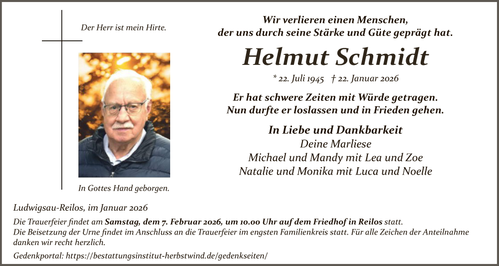  Traueranzeige für Helmut Schmidt vom 31.01.2026 aus HZ
