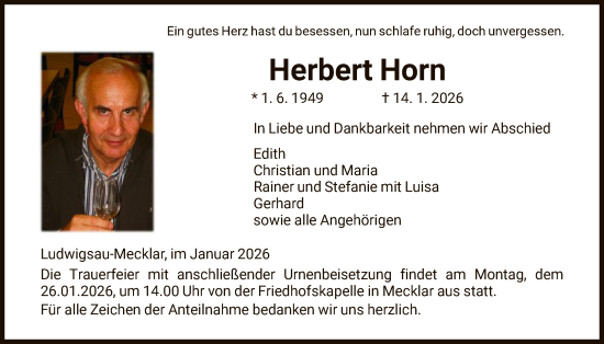 Traueranzeige von Herbert Horn von HZ