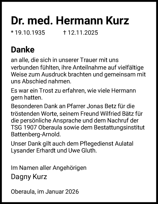 Traueranzeige von Hermann Kurz von HNAHZ