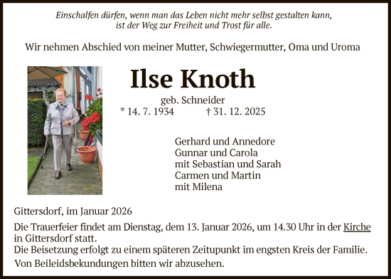 Traueranzeige von Ilse Knoth von HZHN