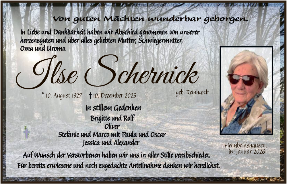  Traueranzeige für Ilse Schernick vom 17.01.2026 aus HZHN