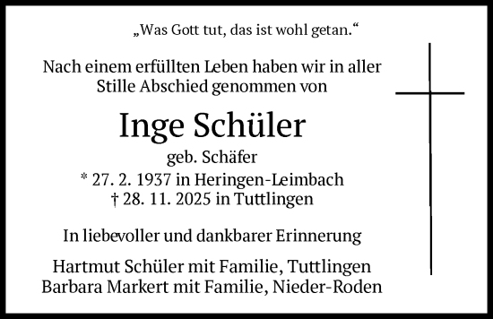 Traueranzeige von Inge Schüler von HZ