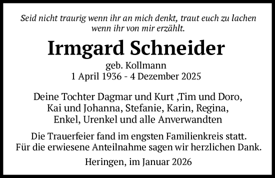 Traueranzeige von Irmgard Schneider von HZHN
