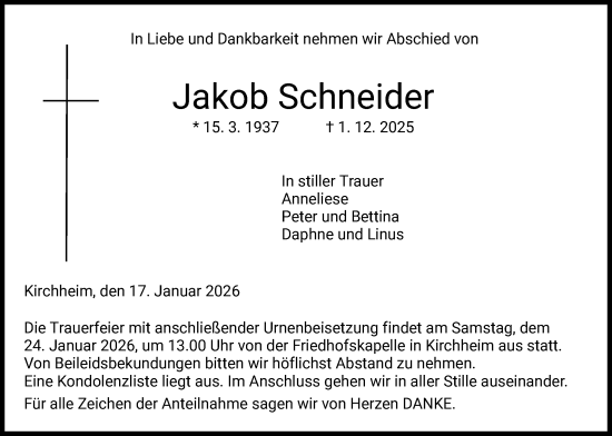 Traueranzeige von Jakob Schneider von HZ