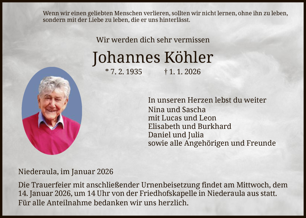  Traueranzeige für Johannes Köhler vom 10.01.2026 aus HZ