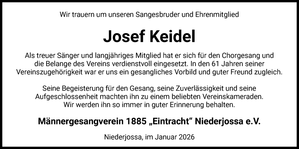  Traueranzeige für Josef Keidel vom 31.01.2026 aus HZ