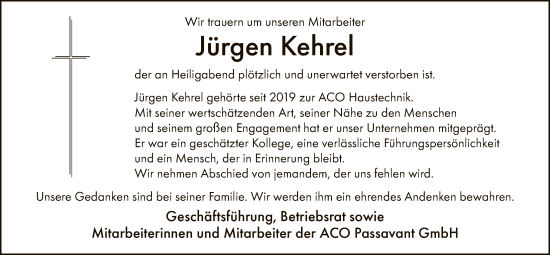 Traueranzeige von Jürgen Kehrel von HZ