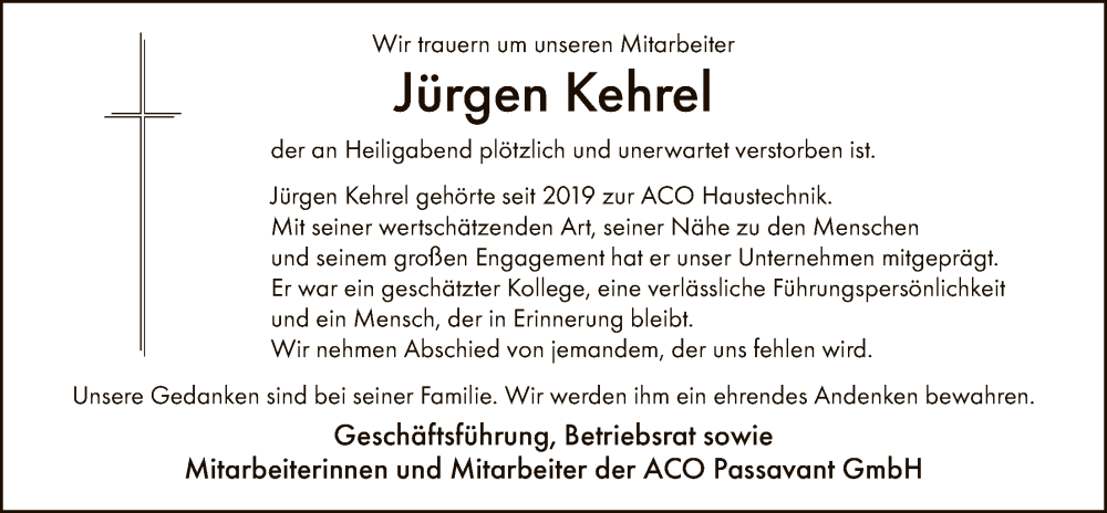  Traueranzeige für Jürgen Kehrel vom 07.01.2026 aus HZ