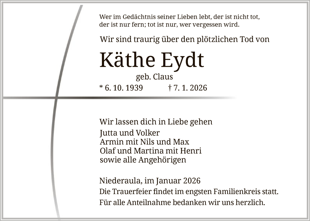  Traueranzeige für Käthe Eydt vom 17.01.2026 aus HZ