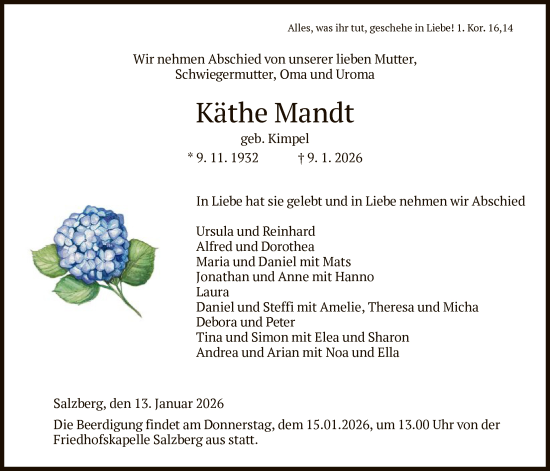 Traueranzeige von Käthe Mandt von HZ