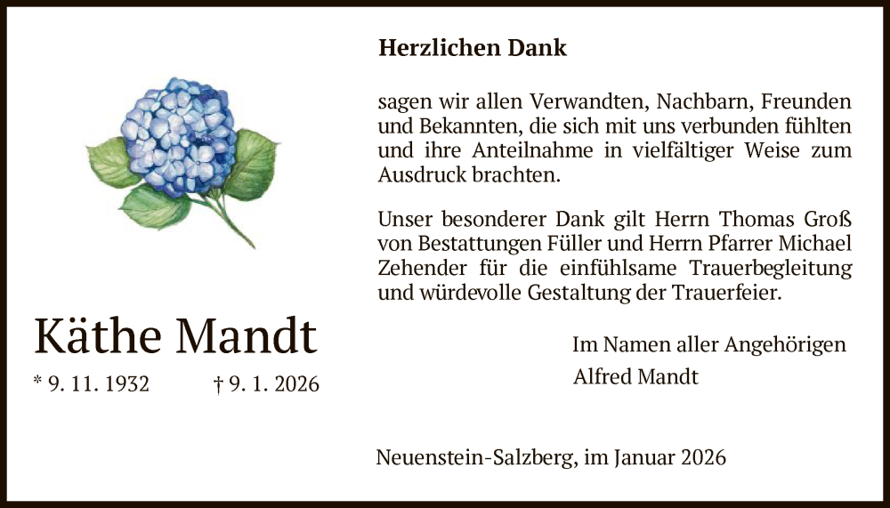  Traueranzeige für Käthe Mandt vom 31.01.2026 aus HZ