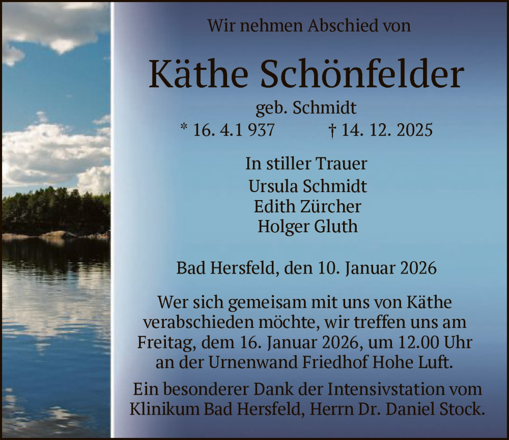  Traueranzeige für Käthe Schönfelder vom 10.01.2026 aus HZHN