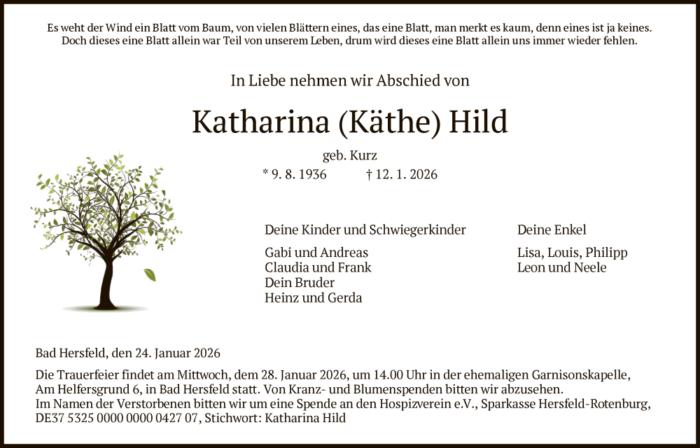  Traueranzeige für Katharina Hild vom 24.01.2026 aus HZHN