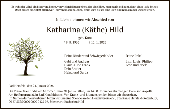 Traueranzeige von Katharina Hild von HZHN
