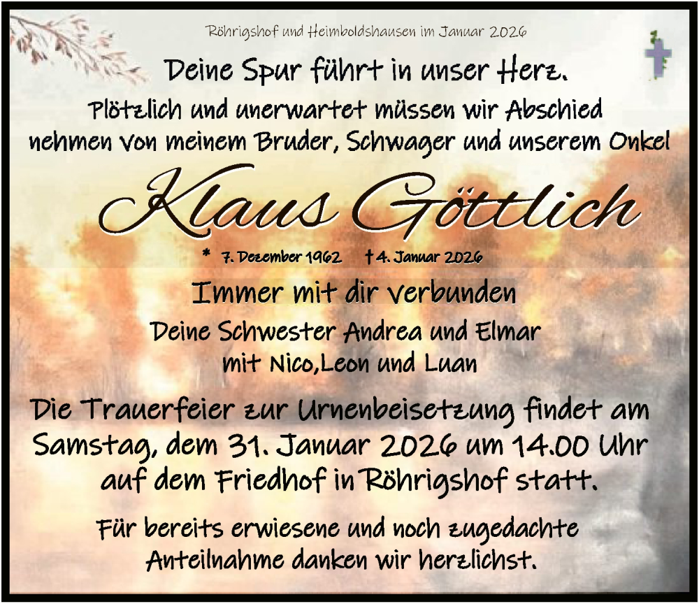  Traueranzeige für Klaus Göttli vom 24.01.2026 aus HZHN