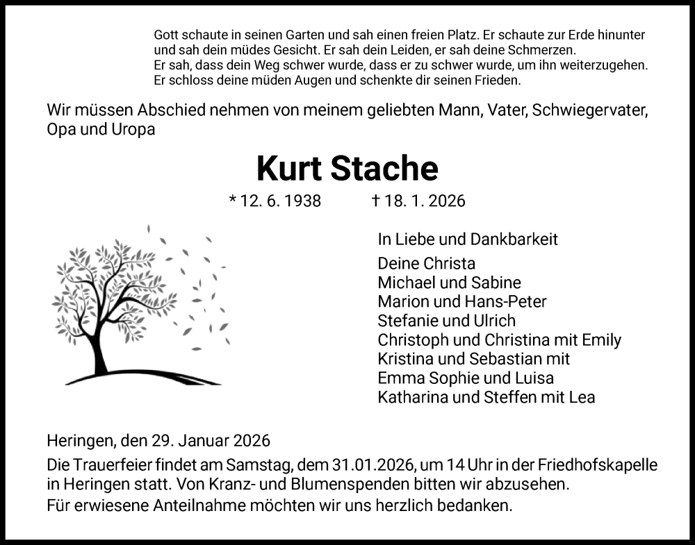  Traueranzeige für Kurt Stache vom 29.01.2026 aus HZ