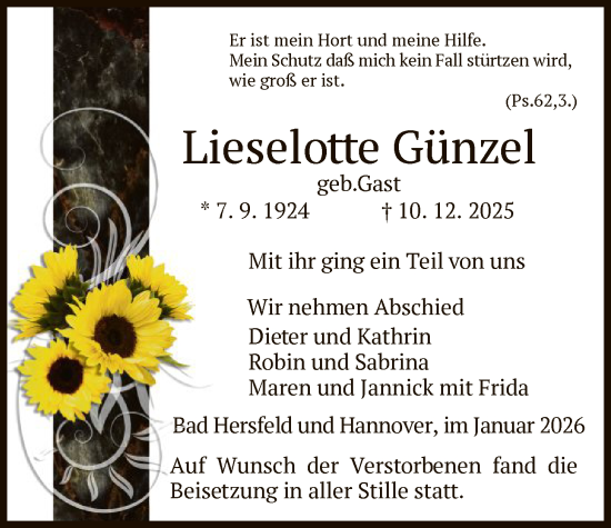 Traueranzeige von Lieselotte Günzel von HZ