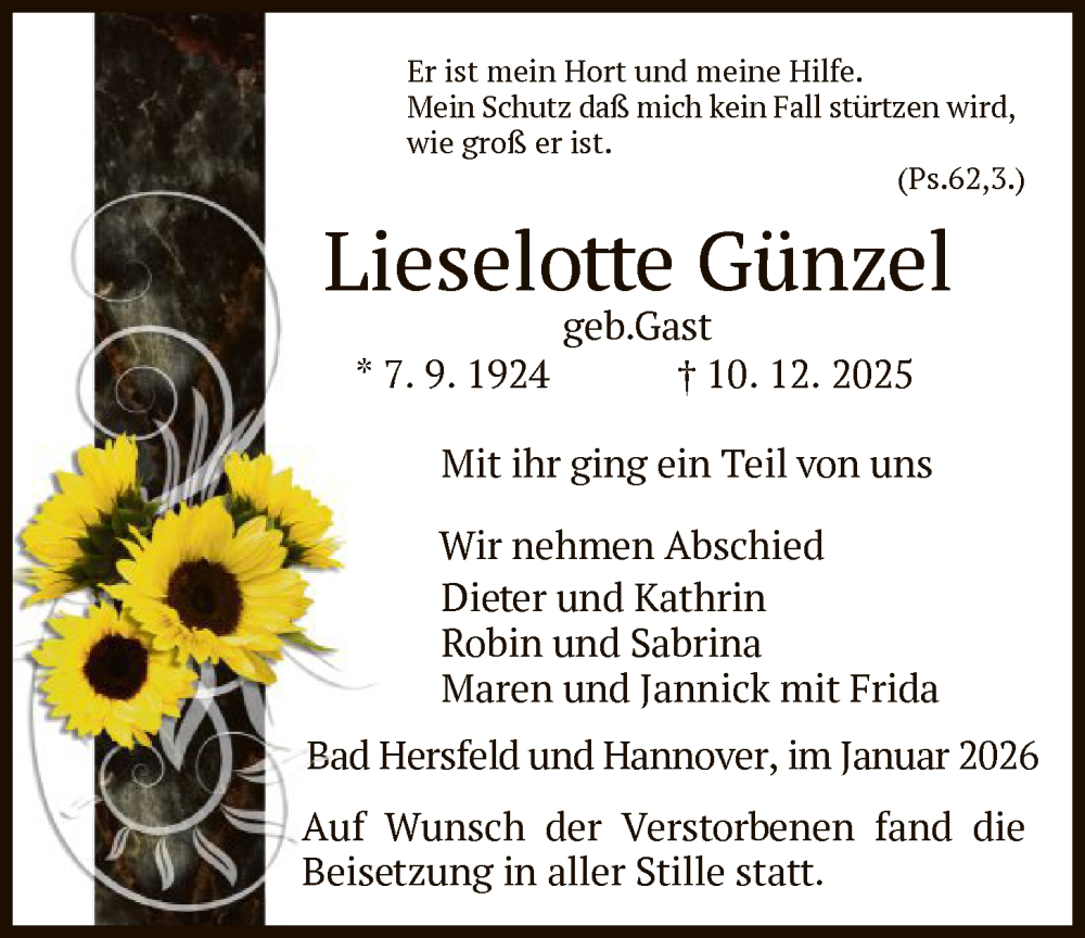  Traueranzeige für Lieselotte Günzel vom 10.01.2026 aus HZ