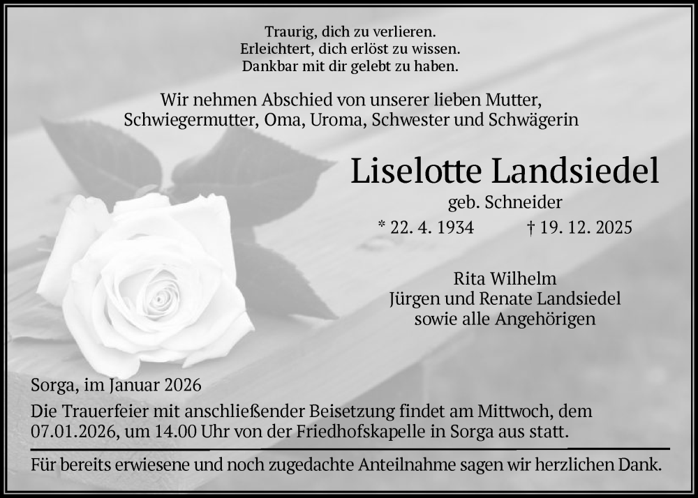  Traueranzeige für Liselotte Landsiedel vom 03.01.2026 aus HZ