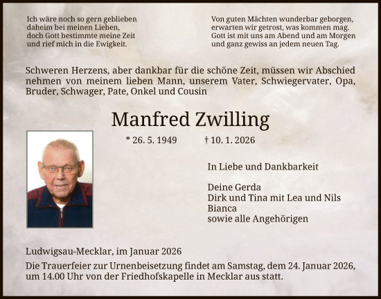 Traueranzeige von Manfred Zwilling von HZ