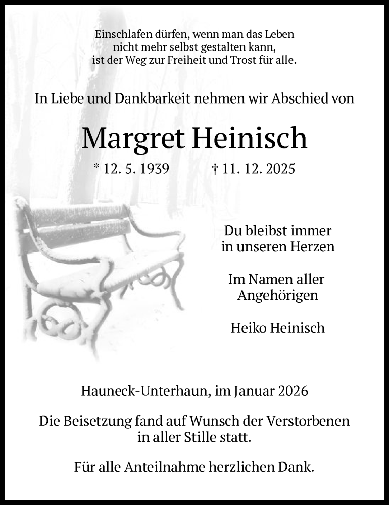  Traueranzeige für Margret Heinisch vom 03.01.2026 aus HZ