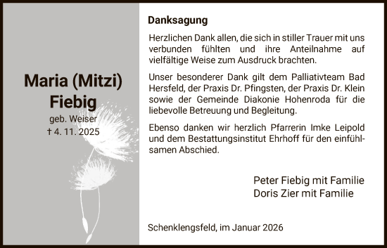 Traueranzeige von Maria Fiebig von HZHN