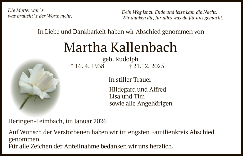  Traueranzeige für Martha Kallenbach vom 10.01.2026 aus HZ