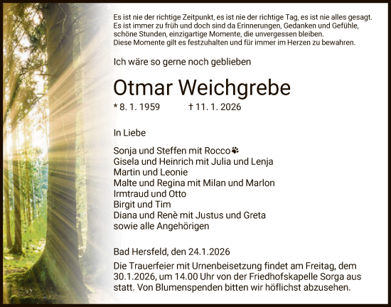 Traueranzeige von Otmar Weichgrebe von HZHN