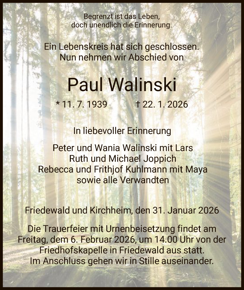  Traueranzeige für Paul Walinski vom 31.01.2026 aus HZ