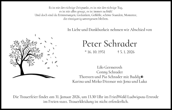 Traueranzeige von Peter Schrader von HZHN