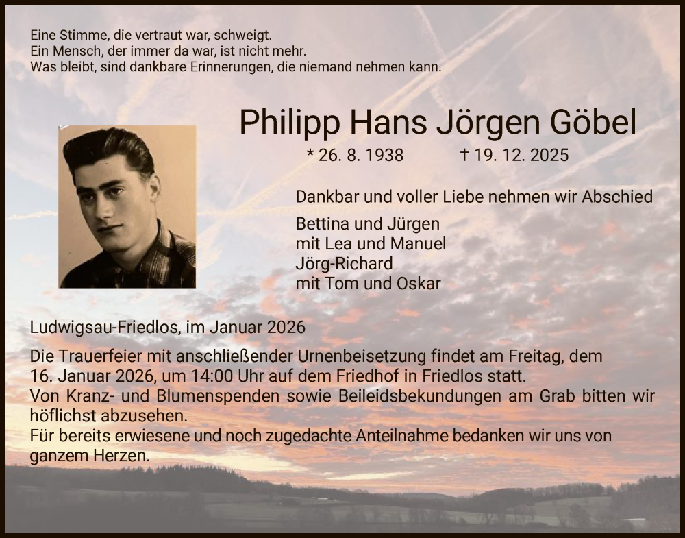  Traueranzeige für Philipp Hans Jörgen Göbel vom 10.01.2026 aus HZ